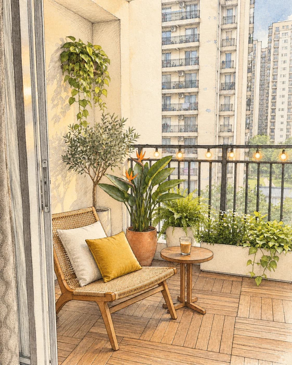A designer's sketch of the same balcony