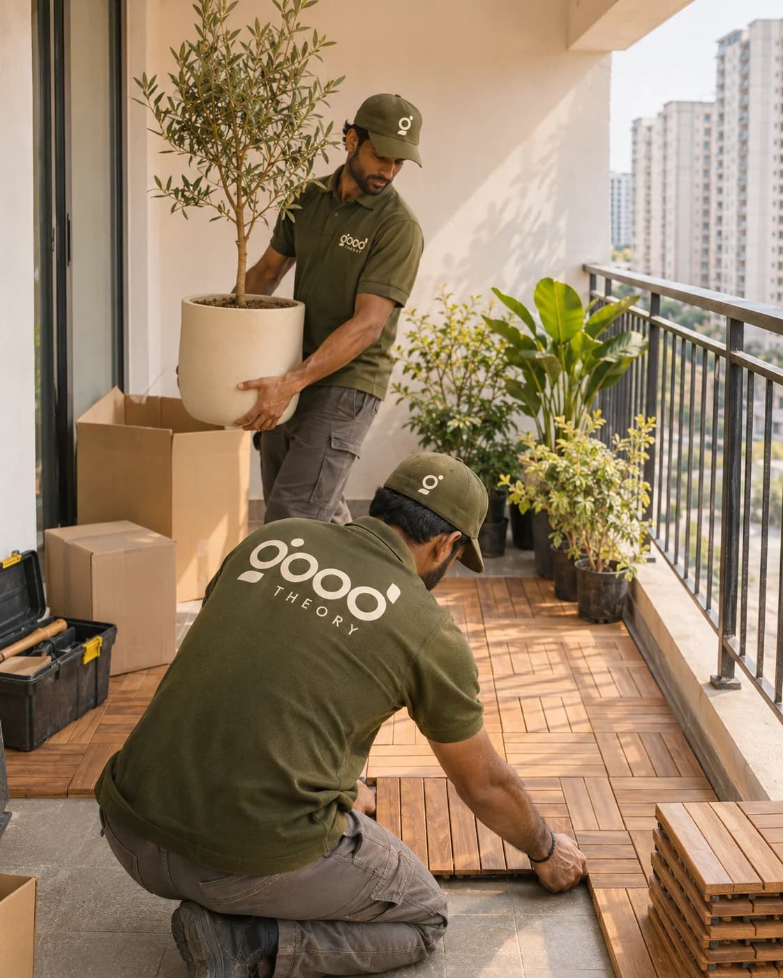 The Good Theory crew laying deck tiles and placing planters