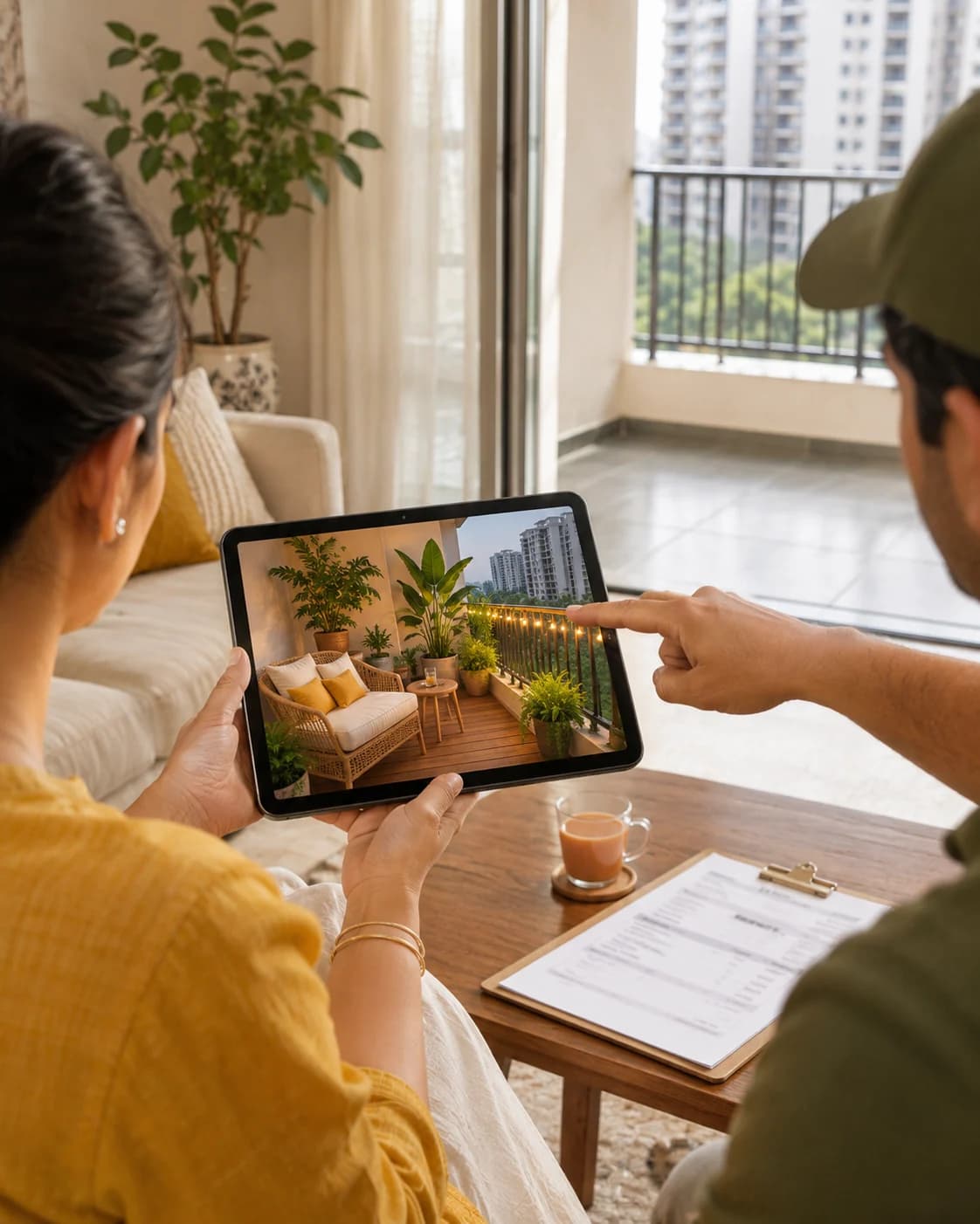 A homeowner looking at a design preview of their balcony on a tablet