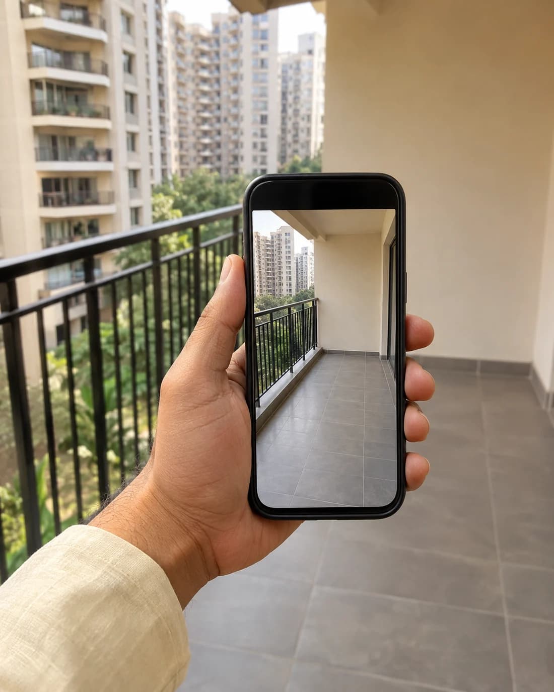 A hand holding a phone, photographing an empty balcony