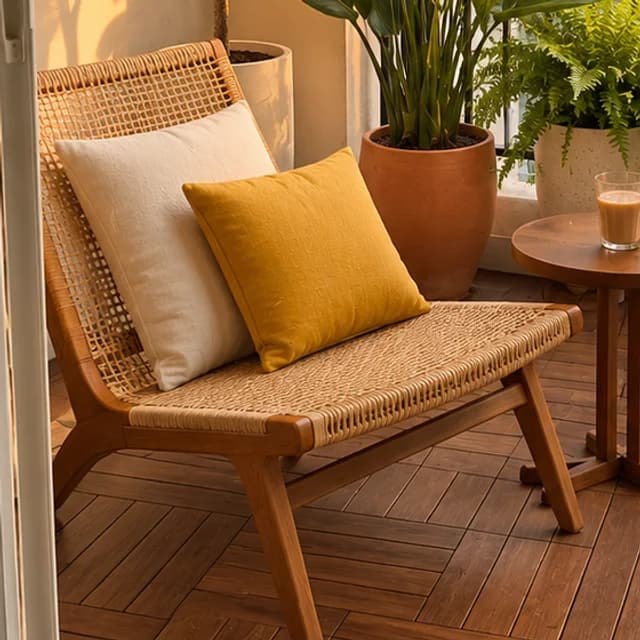 A rented-flat balcony with planters along the railing and a small sitting corner on click-together deck tiles