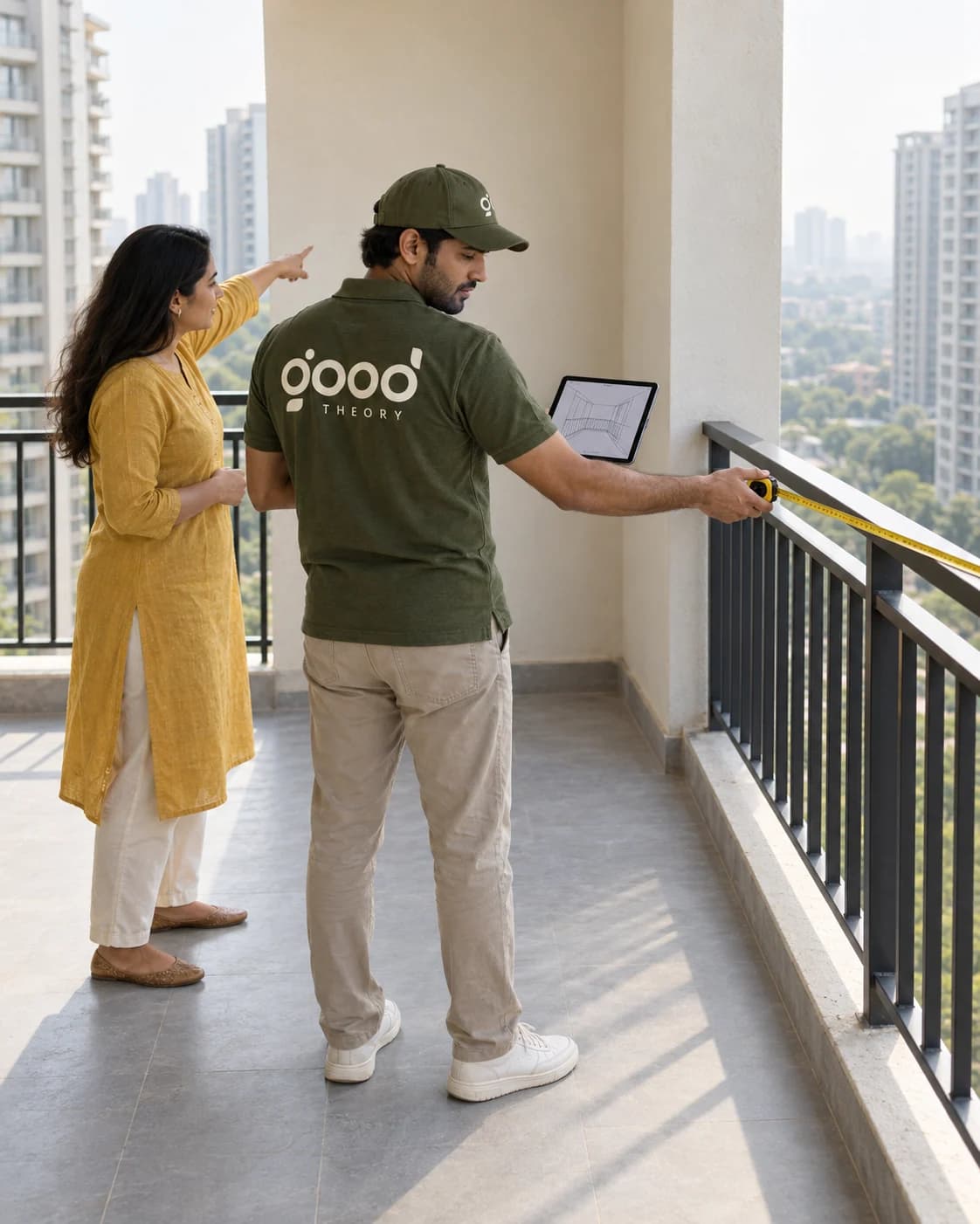 A Good Theory designer measuring a balcony with the homeowner