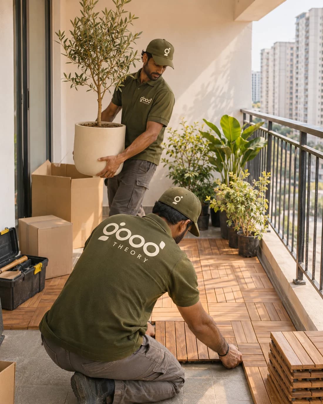 The Good Theory crew laying deck tiles and placing planters