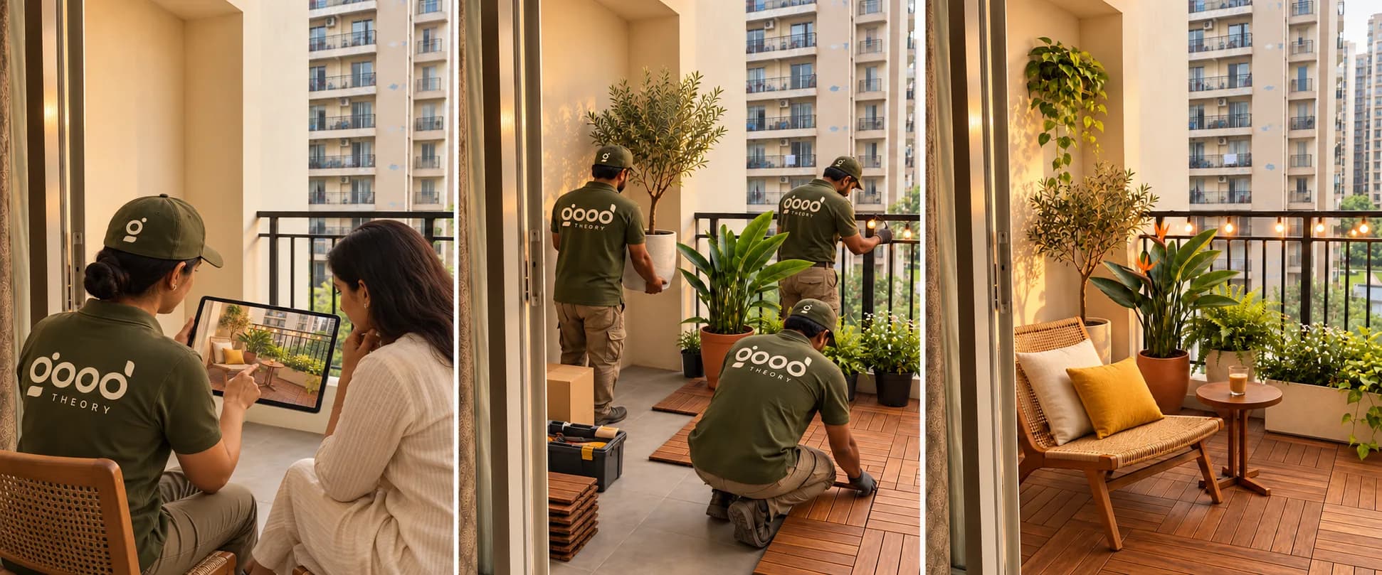 One balcony, start to finish: a Good Theory designer shows the preview on a tablet, the crew lays deck tiles and plants, and the finished sit-out at dusk