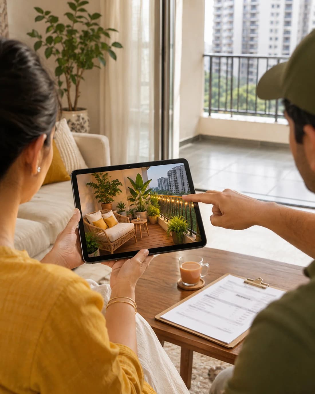 A homeowner looking at a design preview on a tablet