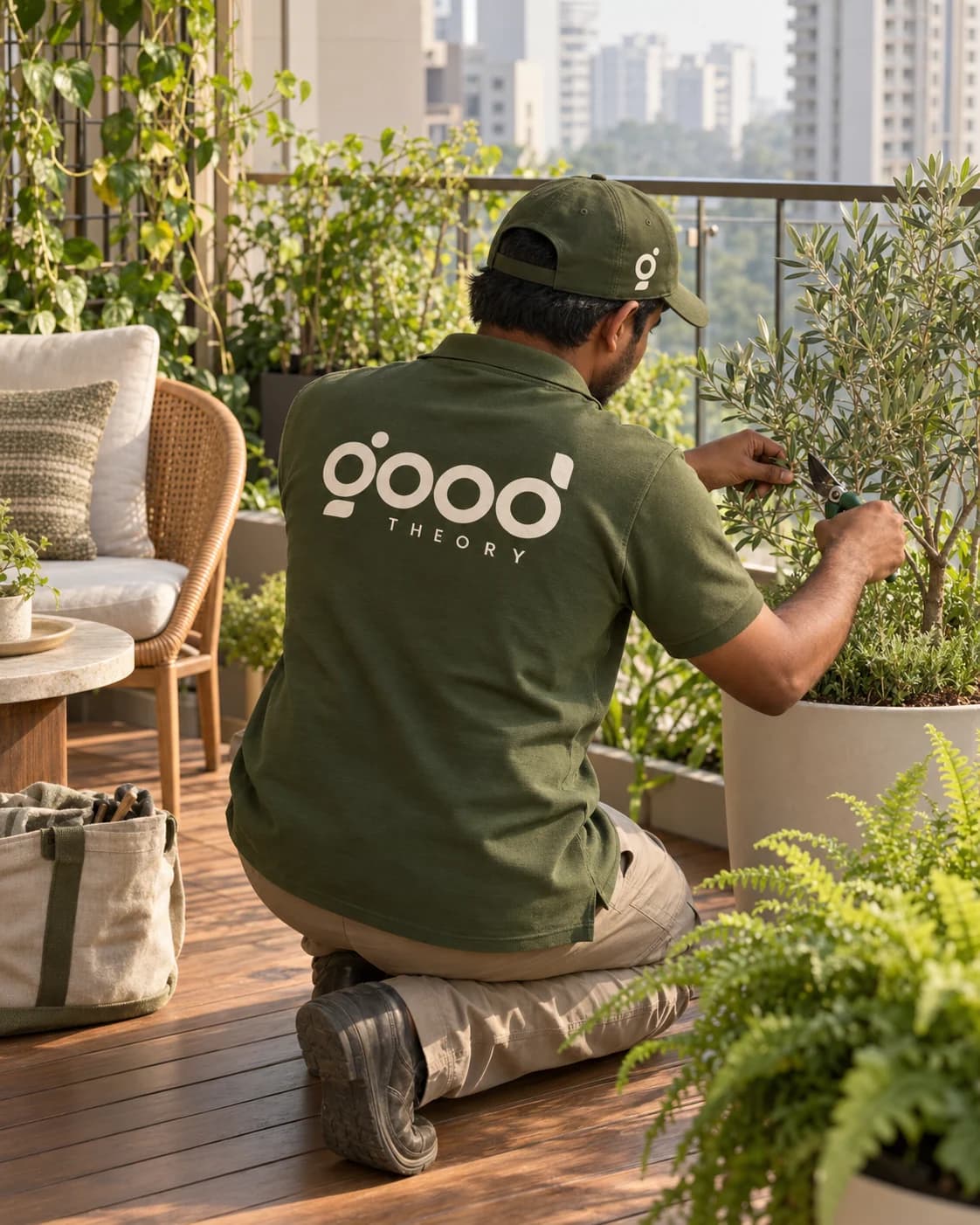 A Good Theory gardener pruning plants on a client's balcony