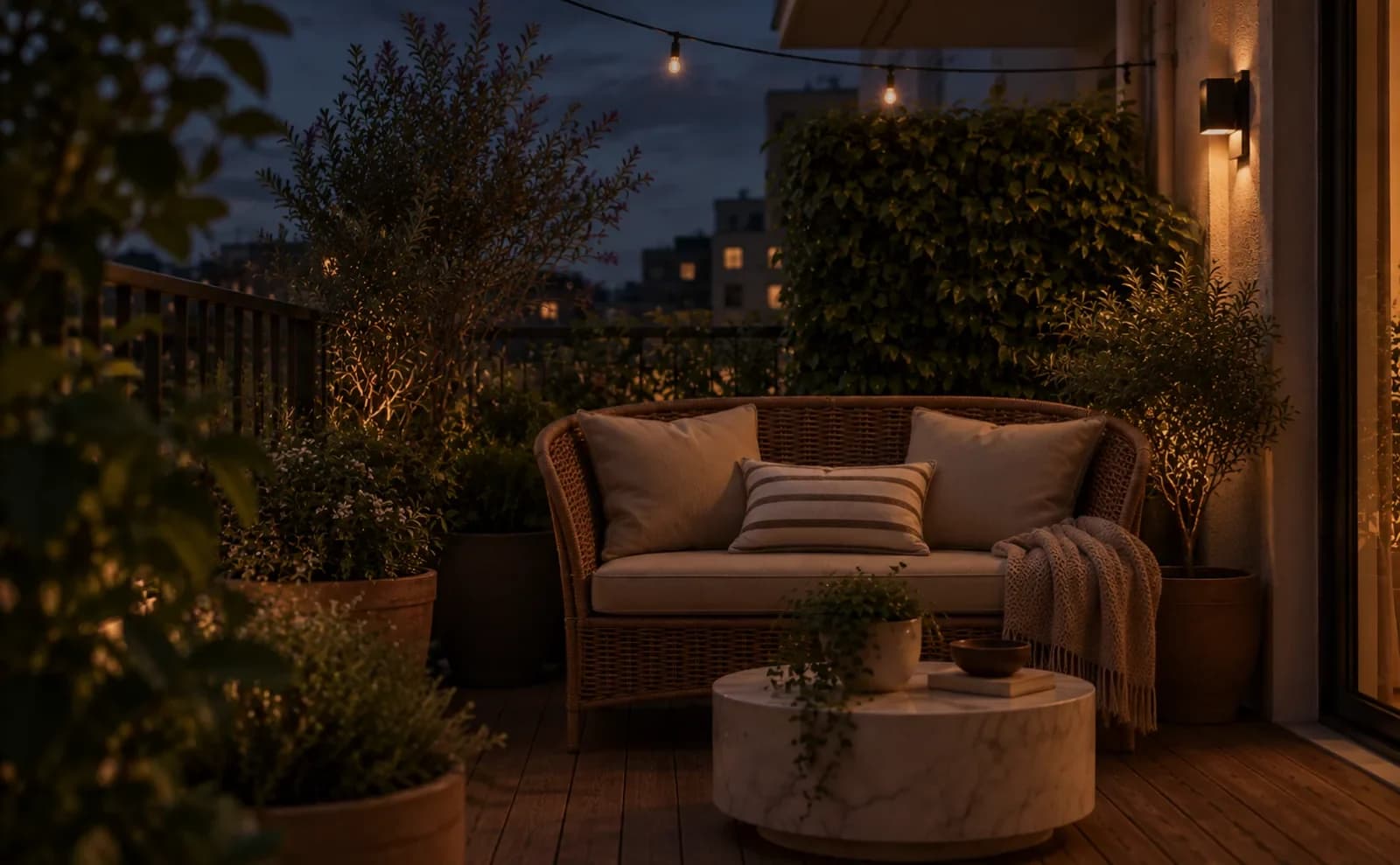 A balcony garden by Good Theory at dusk, with warm lights and layered planting