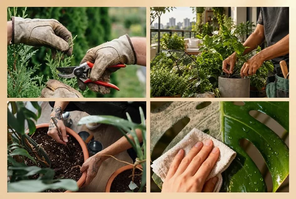 Pruning, repotting and leaf-cleaning on a care visit