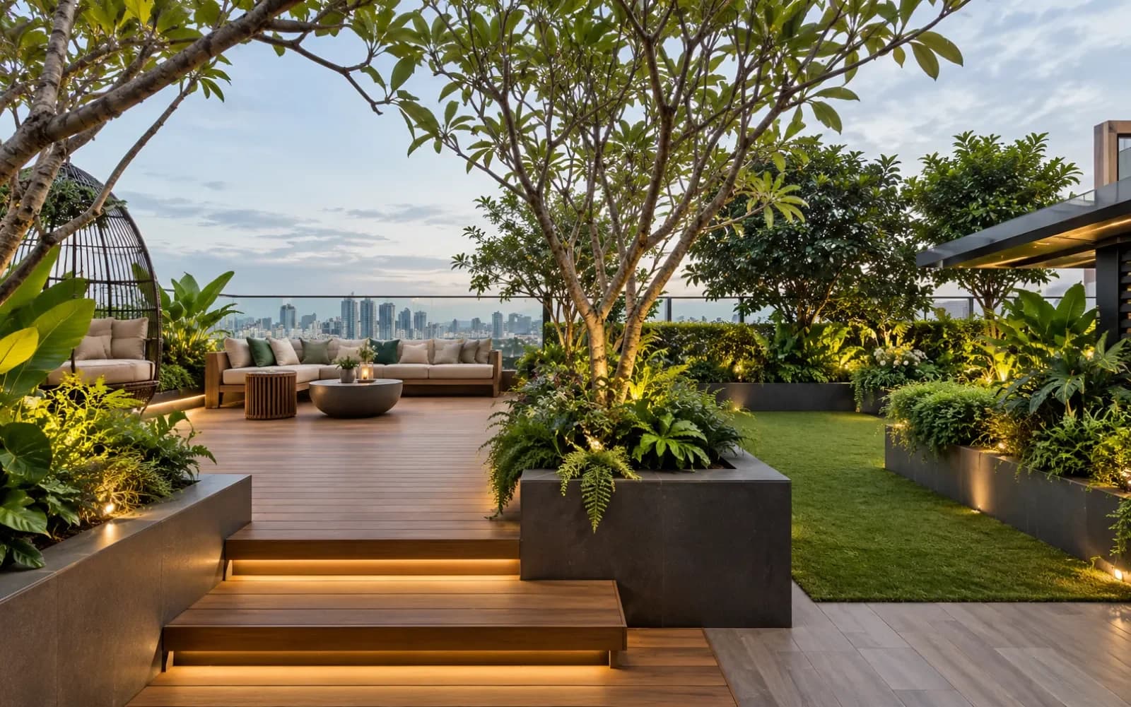 A finished terrace with lounge seating and layered planters